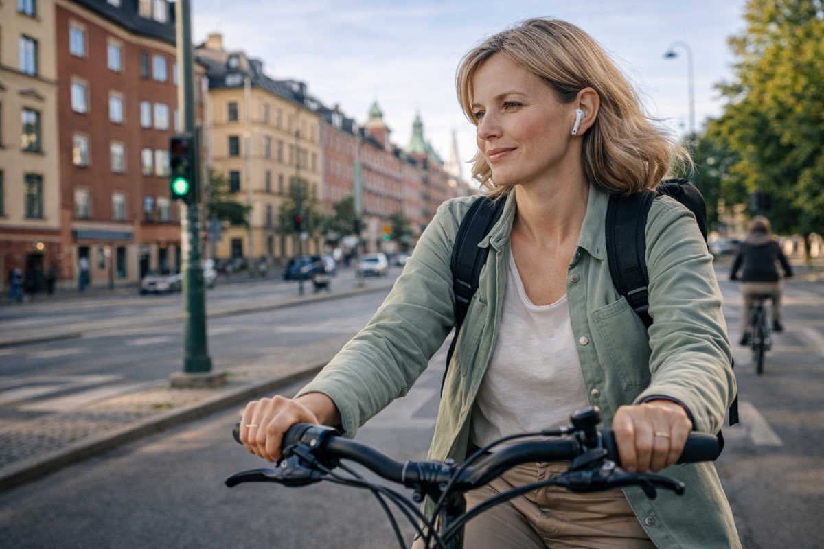 Kvinna cykelpendlar i Stockholm med AirPods — lyssnar på ljudbok på väg till jobbet