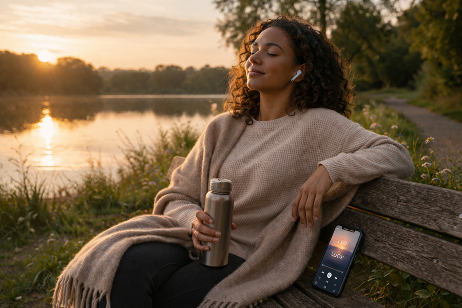 Kvinna sitter avslappnat på parkbänk vid vatten i solnedgång och lyssnar på ljudbok med AirPods