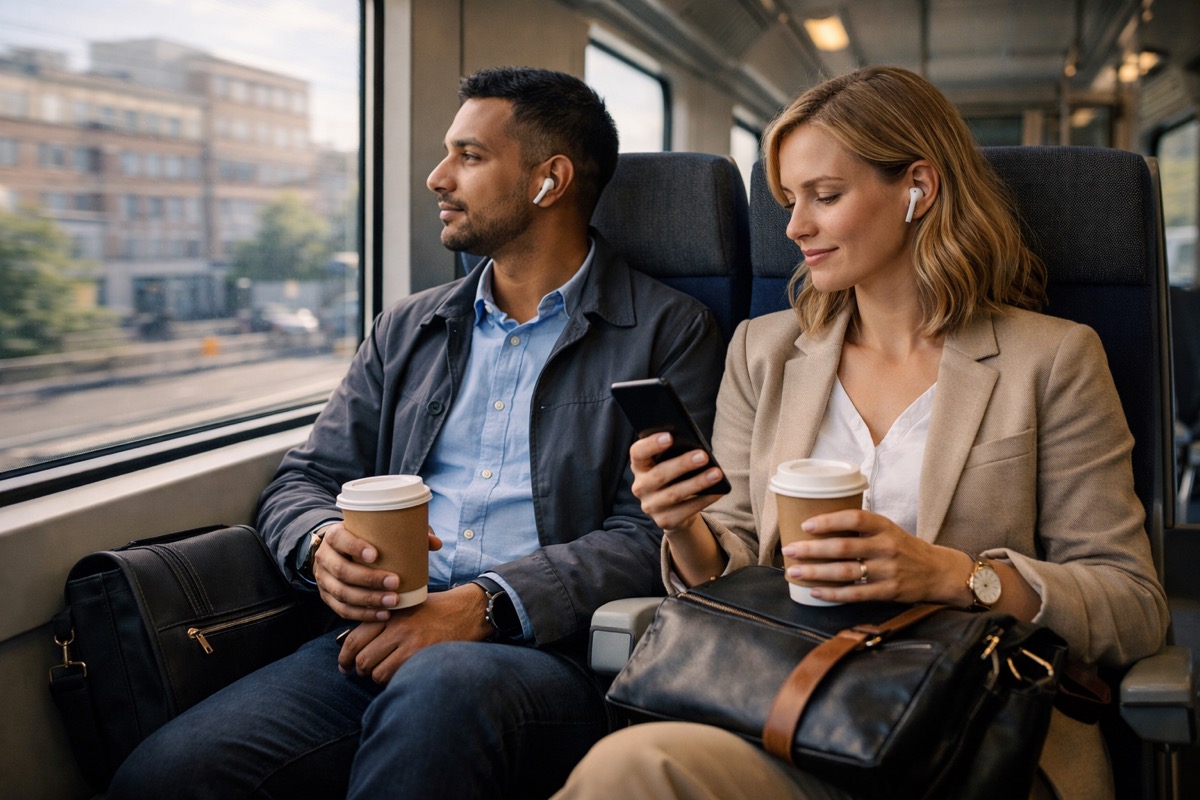 Pendlare lyssnar på ljudbok på tåget med AirPods