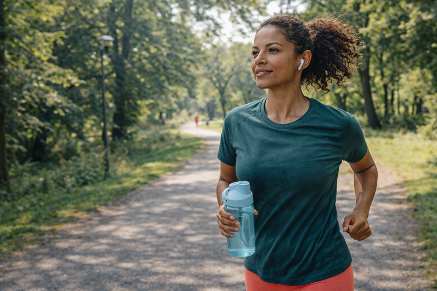 Kvinna springer utomhus med hörlurar — lyssnar på ljudbok under träning