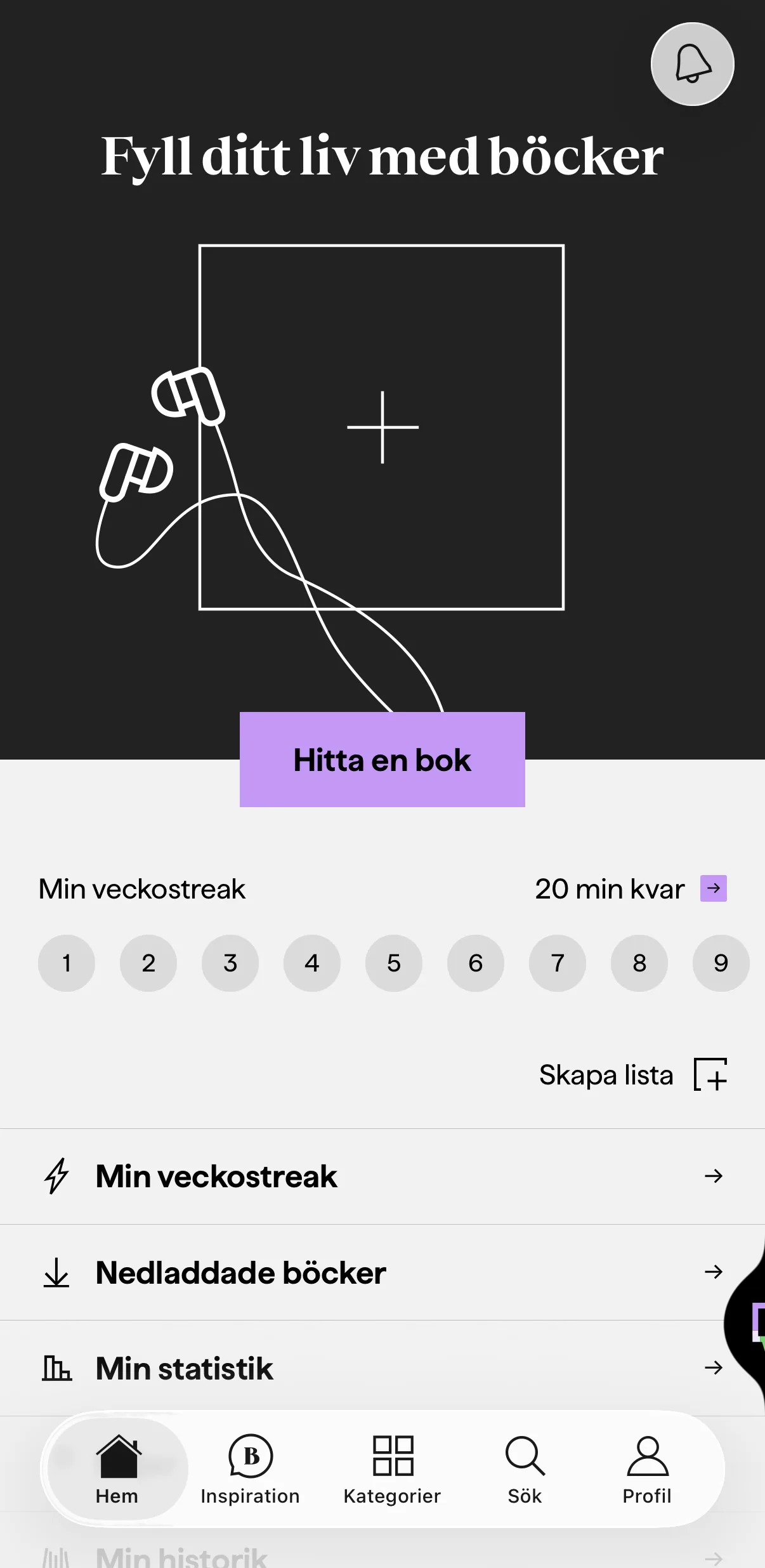 BookBeat hemskärm — veckostreak och nedladdade böcker