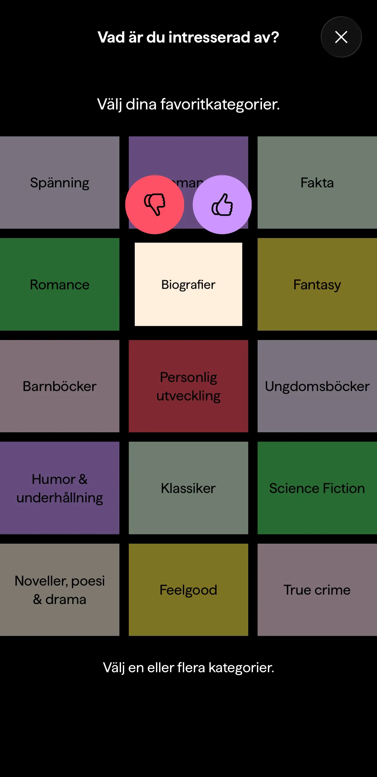 BookBeat kategoriväljare vid onboarding