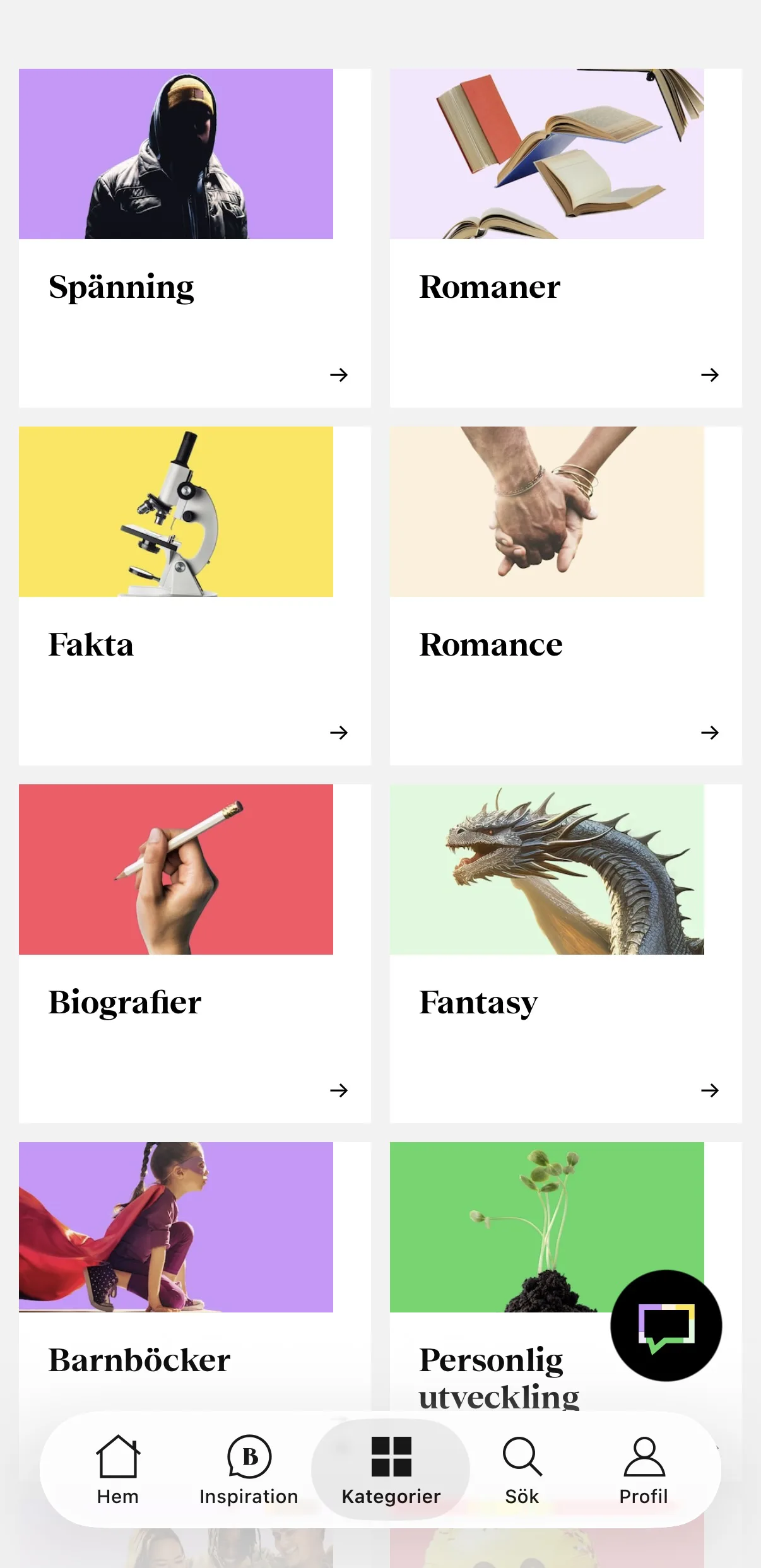 BookBeat kategorier med bildbaserad genreöversikt