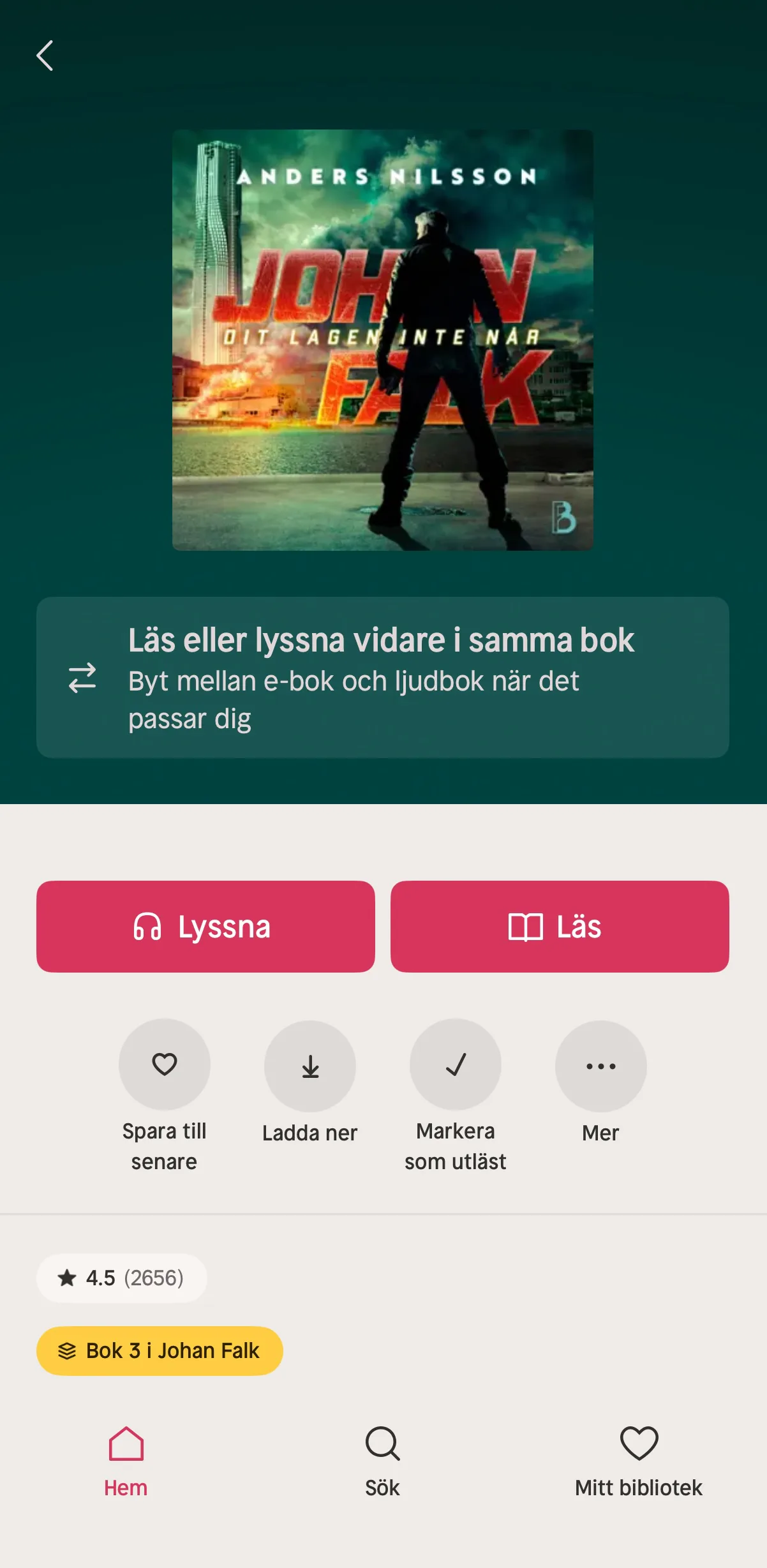 Nextory bokdetalj — byt mellan Lyssna och Läs i samma bok