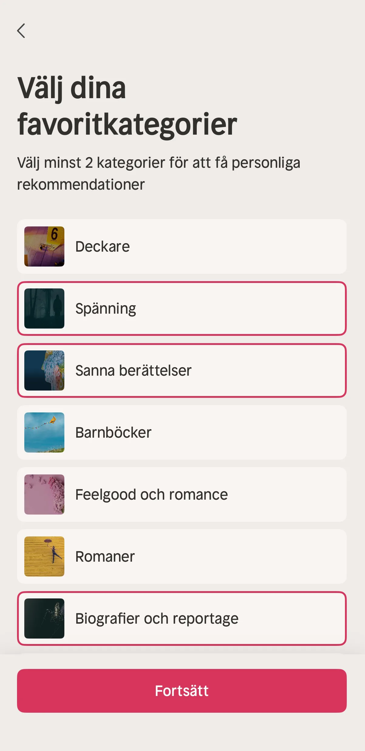 Nextory onboarding — välj favoritkategorier för personliga rekommendationer