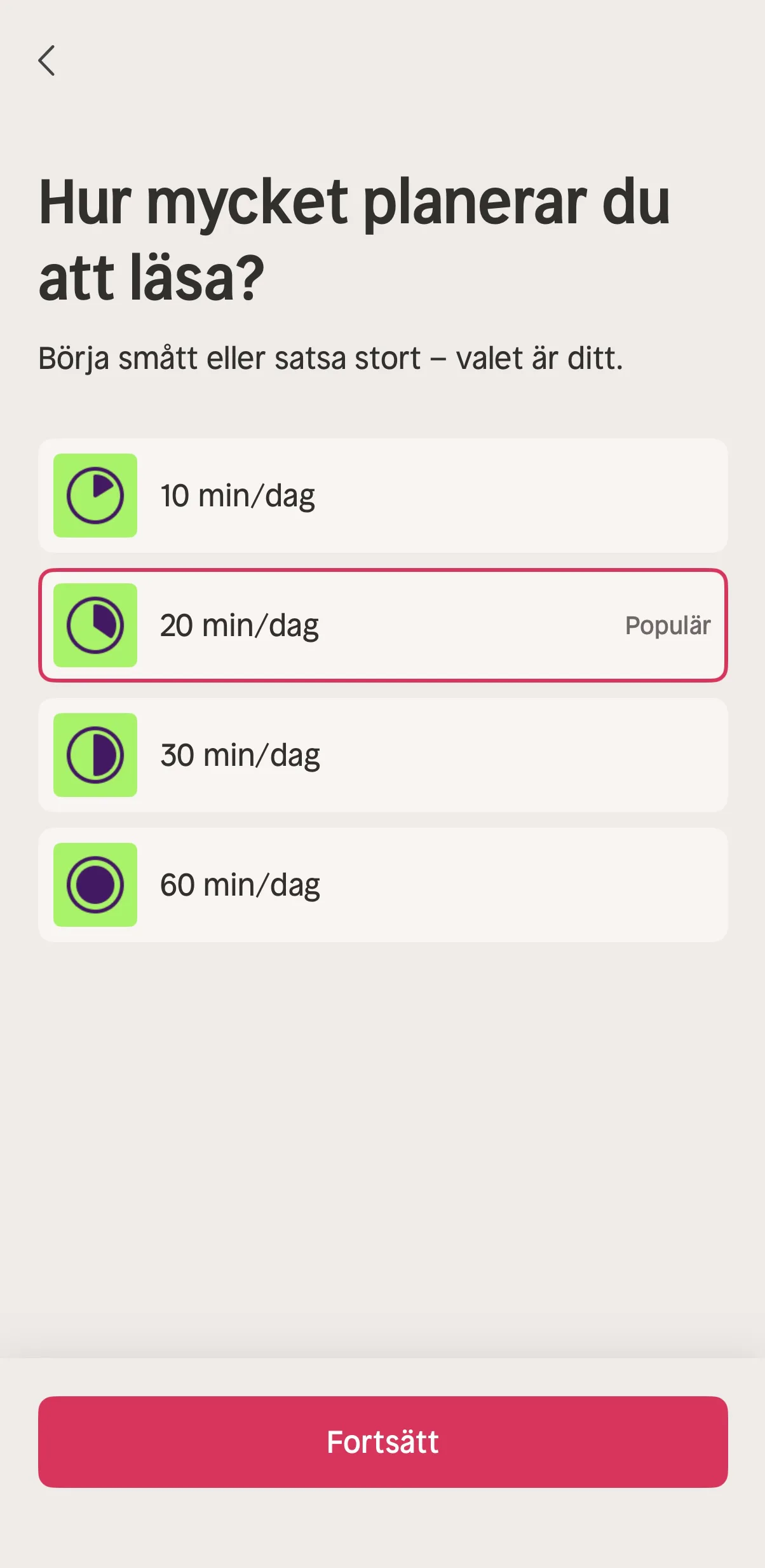 Nextory onboarding steg 1 — sätt ditt dagliga läsmål