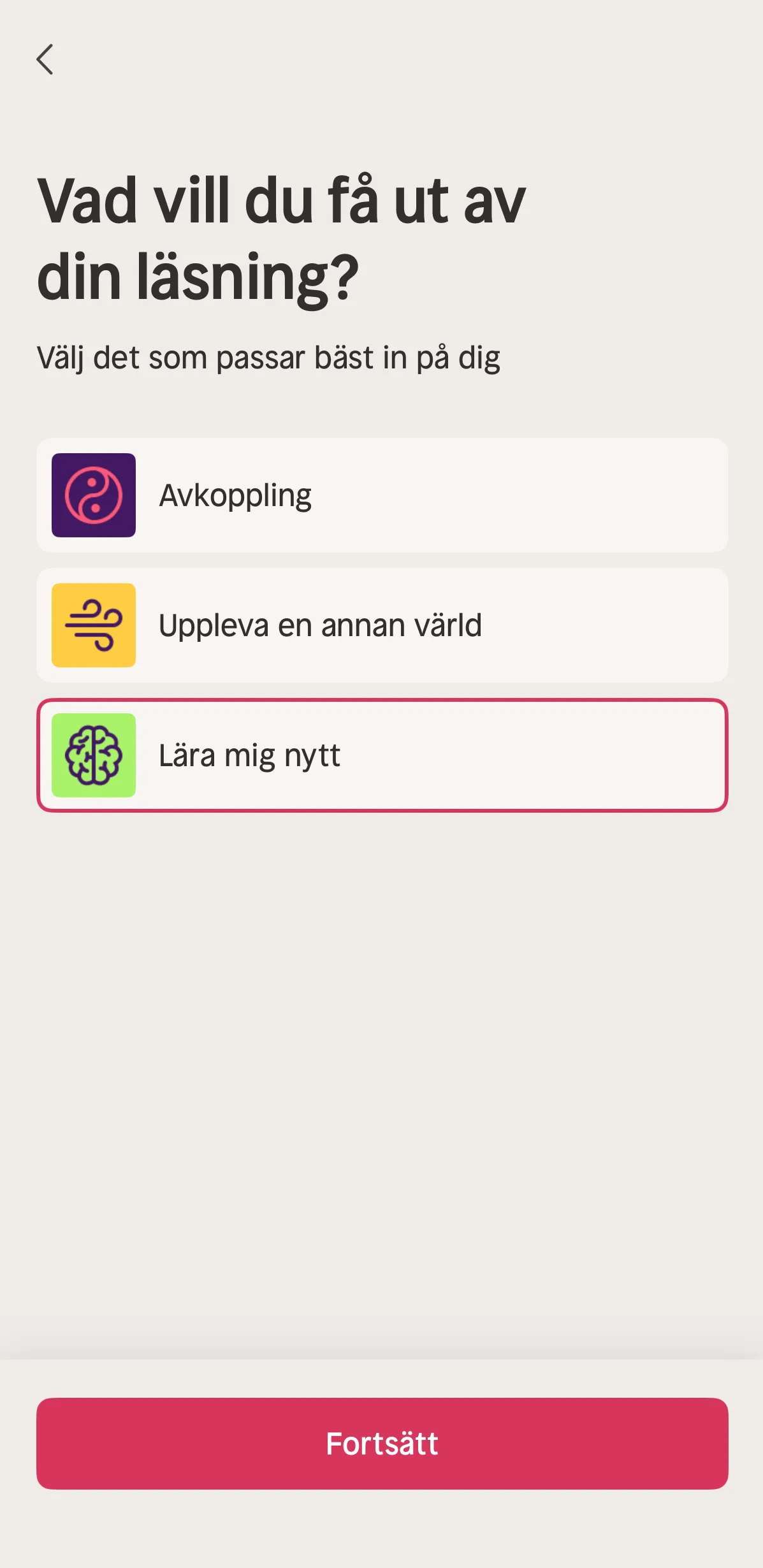 Nextory onboarding steg 2 — vad vill du få ut av läsningen