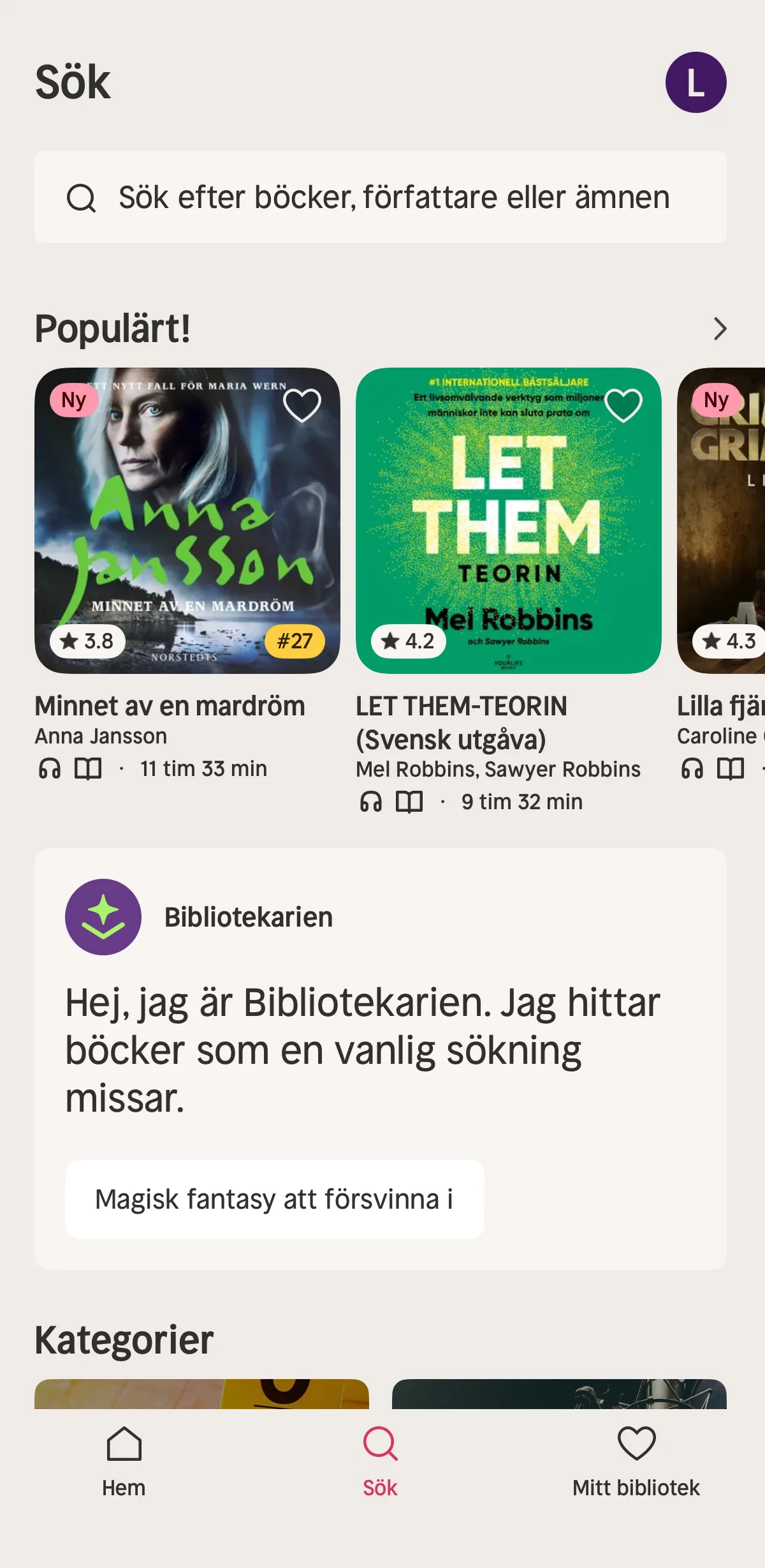 Nextory sök — Bibliotekarien AI-assistent och populära titlar